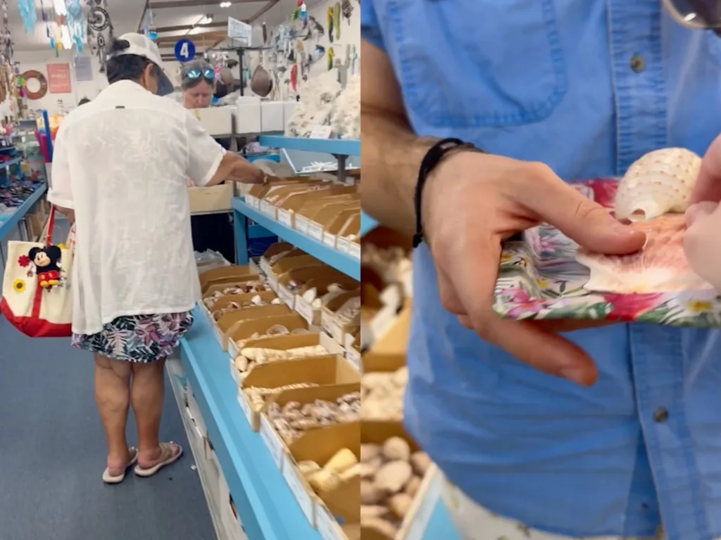 Tonja browses shelves of seashells as Nick holds one of the shells selected during the family’s gift shop surprise.