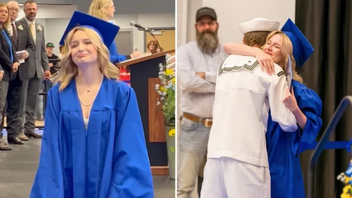 Sydnie smiles in her blue graduation cap and gown before being surprised by her Navy brother Skylar at her ceremony.