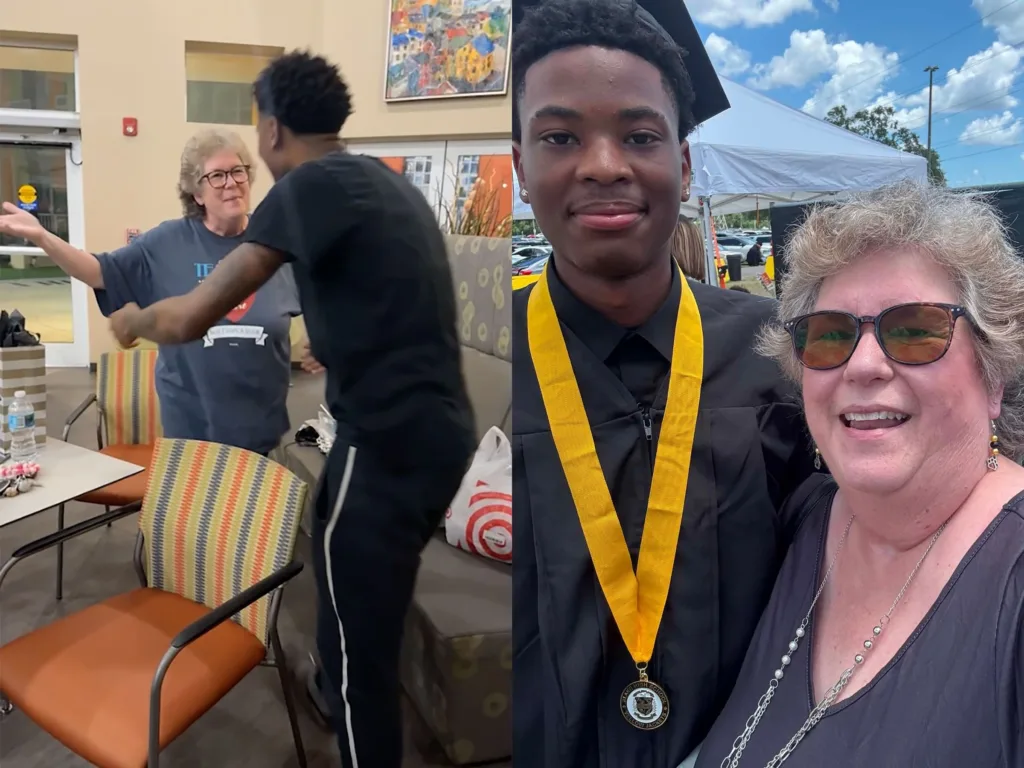Jordan hugs Denise during his graduation surprise before posing for a selfie with her in his cap and gown.